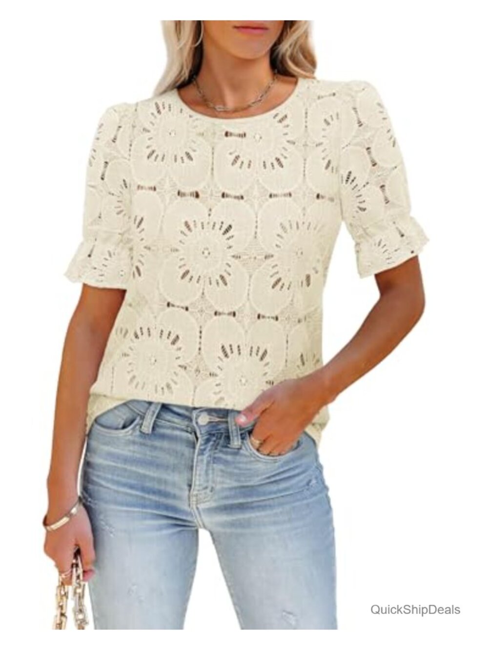 Eyelet Puff Sleeve Blouse Crewneck Crochet Lace Embroidered Top